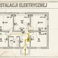 Schemat instalacji elektrycznej mieszkania, pokazujący jak zrobić instalację: rozdzielnica, lampy, gniazda, przełączniki i trasy linii zasilania.