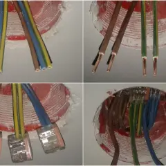 Schemat łączenia kabli w puszkach pokazuje różne etapy montażu, od przygotowania przewodów po ich połączenie za pomocą złączek.