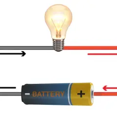 Obwód elektryczny z żarówką i baterią. Strzałki pokazują przepływ prądu, ilustrując napięcie elektryczne.