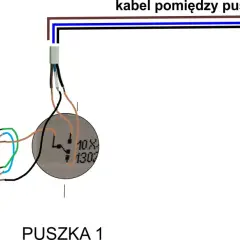Schemat połączeń do włącznika schodowego: zasilanie, oświetlenie i kabel między puszkami.