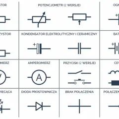Proste schematy elektryczne: rezystor, potencjometr, ogniwo, fotorezystor, kondensator, bateria, woltomierz, amperomierz, przycisk, cewka, dioda, brak połączenia, połączenie.