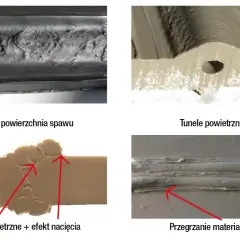 Szorstka spoina spawania mig z tunelami powietrznymi, komorami i przegrzaniem materiału.