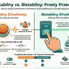 Ilustracja porównuje elementy monostabilne (jak dzwonek do drzwi) i bistabilne (jak włącznik światła), pokazując ich działanie i przykłady.