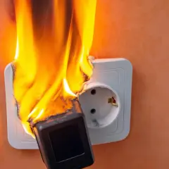 Płonąca wtyczka w gniazdku elektrycznym. Widoczny jest zwarcie elektryczne, które spowodowało zapłon.