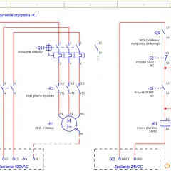 Schemat elektryczny przedstawia przykład samopodtrzymania stycznika K1. Oznaczenia elementów i połączeń są kluczowe do zrozumienia działania układu.