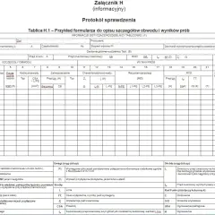 Formularz do pomiaru instalacji elektrycznej, zawiera dane o obwodach, zabezpieczeniach, wynikach prób i rezystancji izolacji.