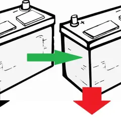 Ilustracja pokazuje, jak ładować akumulator do kosiarki. Zielona strzałka wskazuje na proces ładowania, a czerwona na rozładowanie.