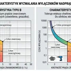 Wykresy porównujące charakterystyki wyzwalania wyłączników nadprądowych typu B i C, pomagające dobrać wyłącznik nadprądowy do instalacji domowych i urządzeń.