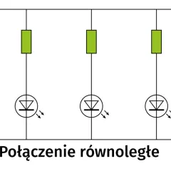 Schemat połączenia równoległego pięciu diod LED z rezystorami. Pokazuje, jak dobrać rezystor do ochrony diod.