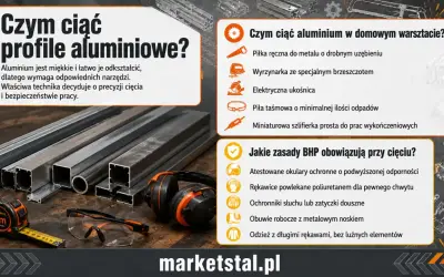 Profile aluminiowe: czym ciąć? Na zdjęciu narzędzia i materiały do cięcia aluminium: piła, okulary, słuchawki.
