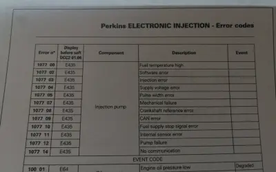 Tabela błędów Perkins Electronic Injection. Zawiera kody błędów, opisy i komponenty, np. "Injection pump", "Oil pressure".