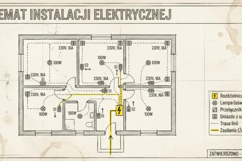 Schemat instalacji elektrycznej mieszkania, pokazujący jak zrobić instalację: rozdzielnica, lampy, gniazda, przełączniki i trasy linii zasilania.