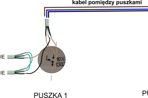 Schemat połączeń do włącznika schodowego: zasilanie, oświetlenie i kabel między puszkami.