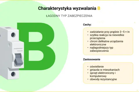 Wyłącznik nadprądowy typu B, łagodny, chroni delikatne urządzenia elektroniczne.