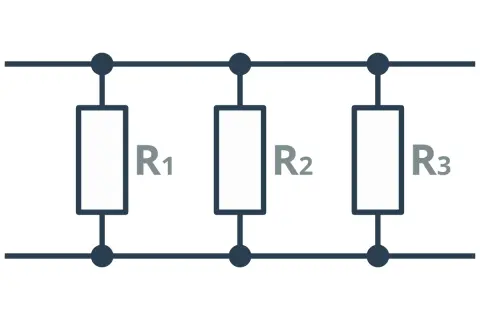 Schemat obwodu elektrycznego z trzema rezystorami R1, R2, R3 połączonymi równolegle. Napięcie jest takie samo na wszystkich elementach.