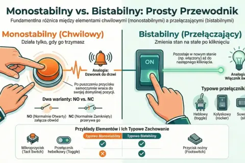 Ilustracja porównuje elementy monostabilne (jak dzwonek do drzwi) i bistabilne (jak włącznik światła), pokazując ich działanie i przykłady.