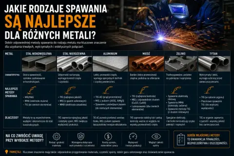 Tabela porównuje rodzaje spawania dla różnych metali: stal niskowęglowa, nierdzewna, aluminium, miedź, żeliwo i tytan. Opisuje charakterystykę materiałów i najlepsze metody spawania, np. MIG/MAG, TIG.