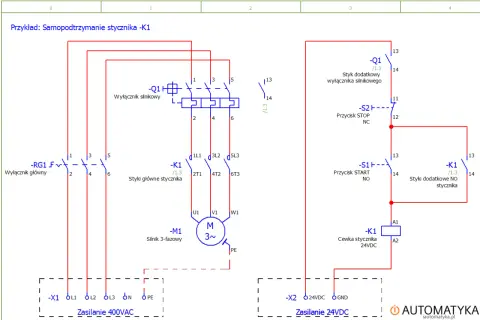 Schemat elektryczny przedstawia przykład samopodtrzymania stycznika K1. Oznaczenia elementów i połączeń są kluczowe do zrozumienia działania układu.