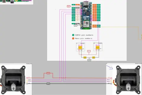 Schemat połączeń Arduino Nano i ESP32 z czujnikami Halla.