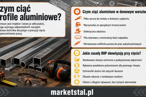 Profile aluminiowe: czym ciąć? Na zdjęciu narzędzia i materiały do cięcia aluminium: piła, okulary, słuchawki.