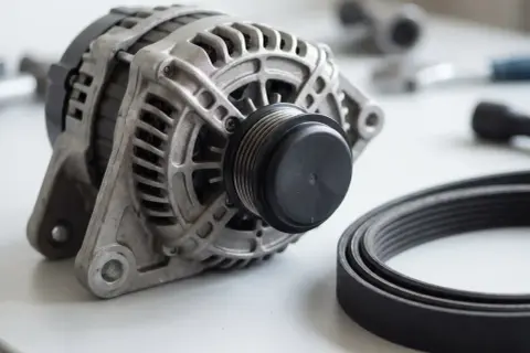 Alternator z nowym paskiem. Zepsute łożysko alternatora objawy to m.in. hałas i kontrolka ładowania.