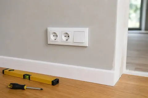 Montaż gniazdka i włącznika światła pod jeden kabel. Poziomica i śrubokręt na podłodze.
