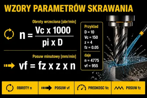Wzory na parametry skrawania: obroty wrzeciona (n) i posuw minutowy (vf). Obok przykład obliczeń.