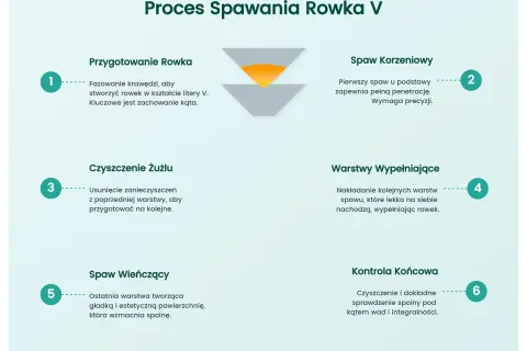 Proces spawania rowka V: przygotowanie, spaw korzeniowy, czyszczenie, warstwy wypełniające, spaw wieńczący, kontrola. Kluczowe jest zachowanie kąta dla spoiny.