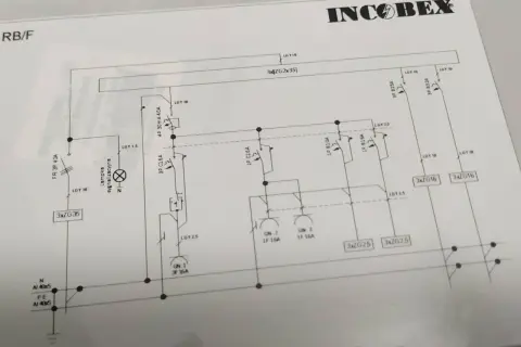Schemat instalacji elektrycznej, układ sieci TT. Widoczne zabezpieczenia, przewody i punkty przyłączeniowe.