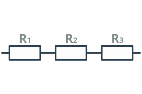 Schemat obwodu elektrycznego z trzema rezystorami R1, R2, R3 połączonymi w połączenie szeregowe.