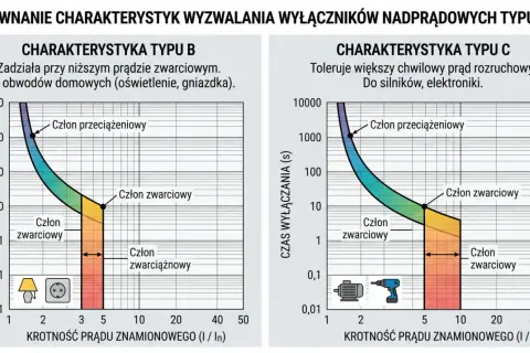 Wykresy porównujące charakterystyki wyzwalania wyłączników nadprądowych typu B i C, pomagające dobrać wyłącznik nadprądowy do instalacji domowych i urządzeń.