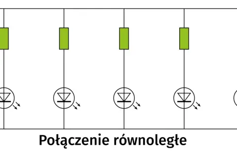 Schemat połączenia równoległego pięciu diod LED z rezystorami. Pokazuje, jak dobrać rezystor do ochrony diod.