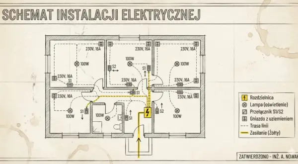 Schemat instalacji elektrycznej mieszkania, pokazujący jak zrobić instalację: rozdzielnica, lampy, gniazda, przełączniki i trasy linii zasilania.