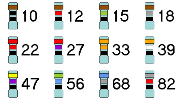 Różne rezystory szeregowo z oznaczeniami wartości: 10, 12, 15, 18, 22, 27, 33, 39, 47, 56, 68, 82.
