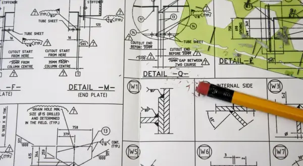 Rysunek techniczny z oznaczeniami spoin, detalami i wymiarami. Widoczny ołówek i gumka.