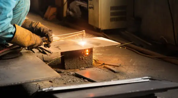 Ręce w rękawicach trzymają palnik, pokazując, jak spawać metal. Iskry lecą podczas pracy.