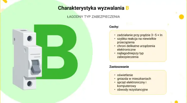 Wyłącznik nadprądowy typu B, łagodny, chroni delikatne urządzenia elektroniczne.