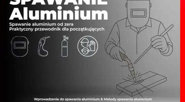 Ilustracja pokazuje, jak spawać aluminium. Widoczny jest spawacz w masce, palnik i butla z argonem, a także proces spawania.