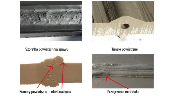 Szorstka spoina spawania mig z tunelami powietrznymi, komorami i przegrzaniem materiału.