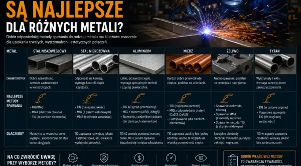 Tabela porównuje rodzaje spawania dla różnych metali: stal niskowęglowa, nierdzewna, aluminium, miedź, żeliwo i tytan. Opisuje charakterystykę materiałów i najlepsze metody spawania, np. MIG/MAG, TIG.