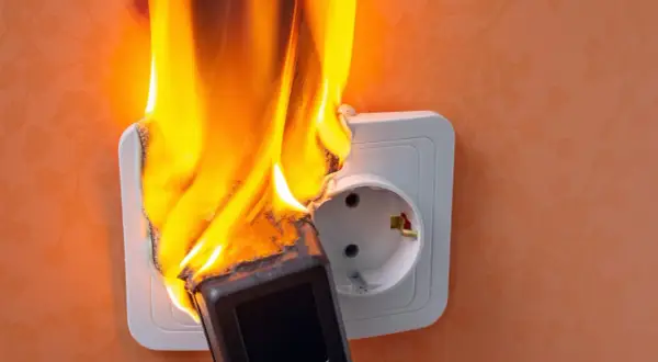 Płonąca wtyczka w gniazdku elektrycznym. Widoczny jest zwarcie elektryczne, które spowodowało zapłon.