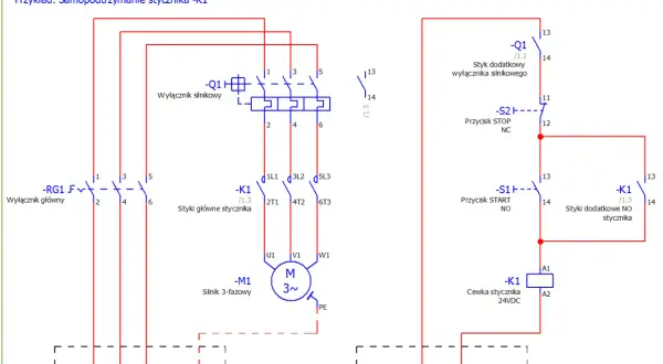 Schemat elektryczny przedstawia przykład samopodtrzymania stycznika K1. Oznaczenia elementów i połączeń są kluczowe do zrozumienia działania układu.