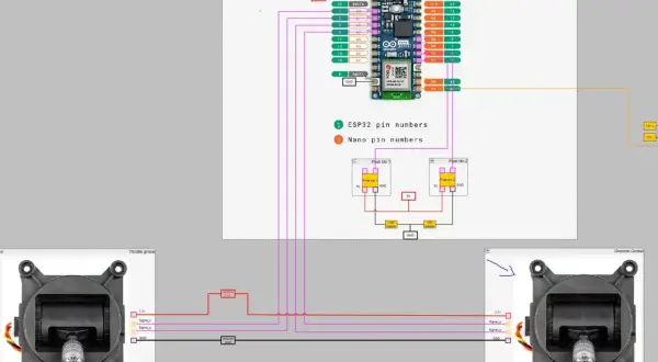 Schemat połączeń Arduino Nano i ESP32 z czujnikami Halla.