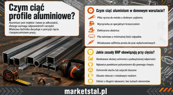 Profile aluminiowe: czym ciąć? Na zdjęciu narzędzia i materiały do cięcia aluminium: piła, okulary, słuchawki.
