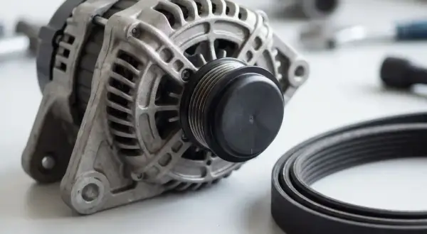Alternator z nowym paskiem. Zepsute łożysko alternatora objawy to m.in. hałas i kontrolka ładowania.