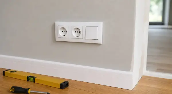Montaż gniazdka i włącznika światła pod jeden kabel. Poziomica i śrubokręt na podłodze.