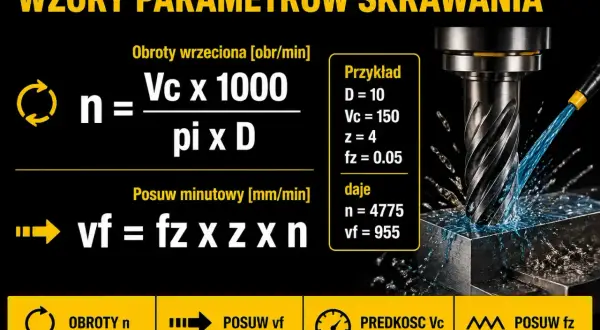 Wzory na parametry skrawania: obroty wrzeciona (n) i posuw minutowy (vf). Obok przykład obliczeń.