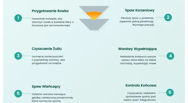 Proces spawania rowka V: przygotowanie, spaw korzeniowy, czyszczenie, warstwy wypełniające, spaw wieńczący, kontrola. Kluczowe jest zachowanie kąta dla spoiny.