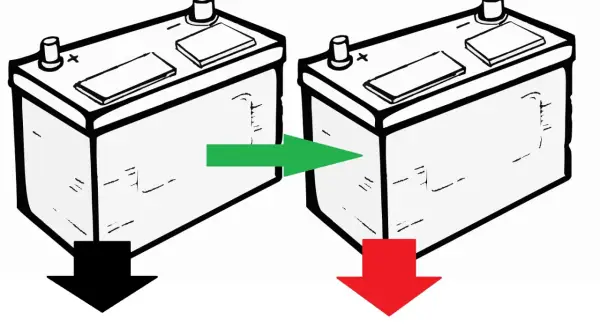 Ilustracja pokazuje, jak ładować akumulator do kosiarki. Zielona strzałka wskazuje na proces ładowania, a czerwona na rozładowanie.