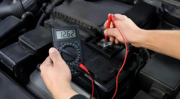 Sprawdzanie, jaki prąd jest w akumulatorze. Multimetr pokazuje 12.62V.